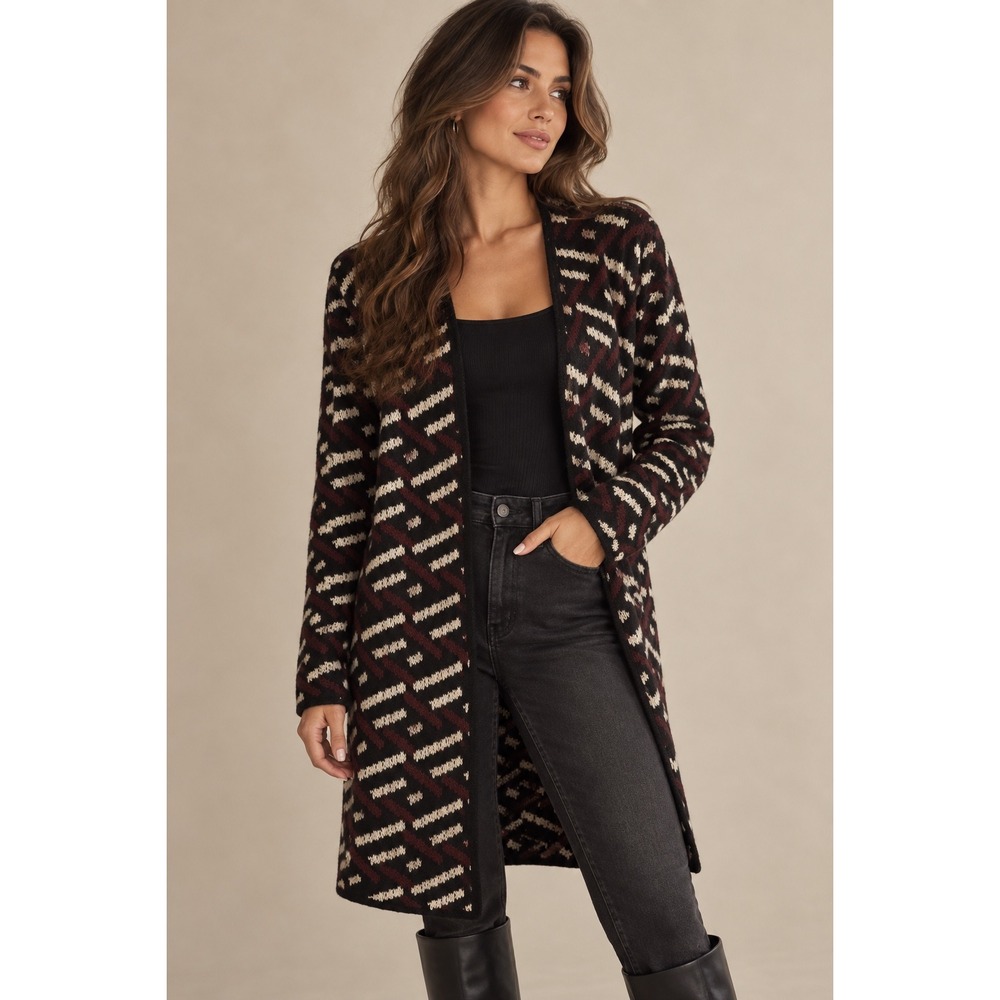 By Design Womens Open Front Longline Geometric Jacquard Cardigan Sweater Black M